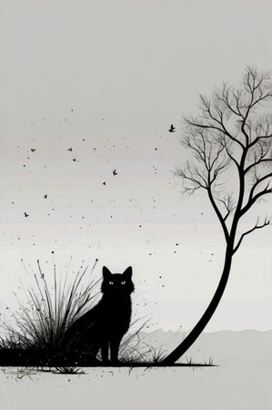 Illustration of a black wolf and a tree in the background.の素材