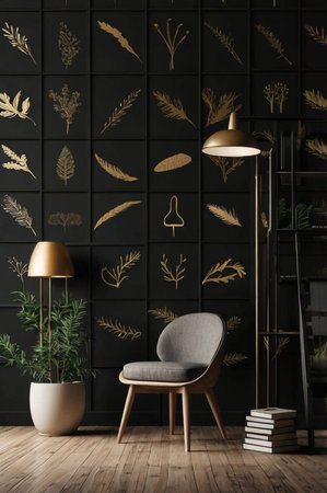 Modern living room interior with black wallpaper, armchair and books. 3d renderの素材