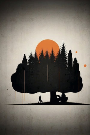 Silhouette of a man and a tree in the forest at sunsetの素材