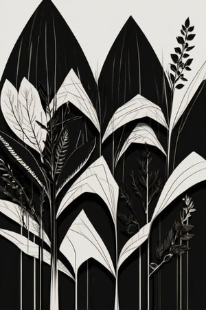 abstract composition with black and white leaves on the black background.の素材