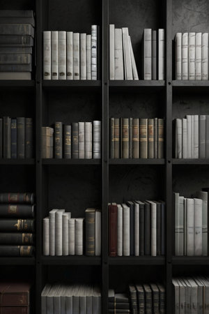 Bookshelves with books on dark wall background, 3d renderの素材