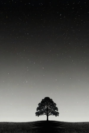 Lonely tree at night with starry sky in the backgroundの素材