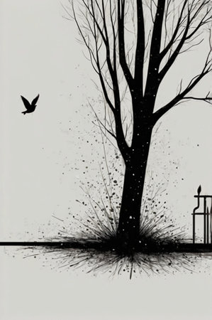 illustration of a tree in the rain with a bird in the foregroundの素材