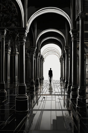 silhouette of a man in a corridor with columns and archの素材