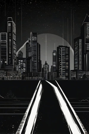 Illustration of a night city with a train on the road.の素材