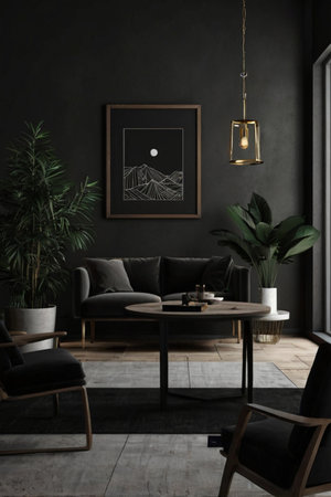 Interior of modern living room with black sofa, coffee table and plantsの素材