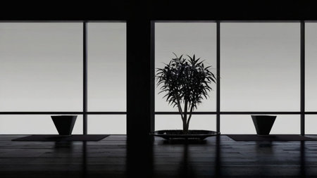3D rendering of an empty room with a large window and plantsの素材