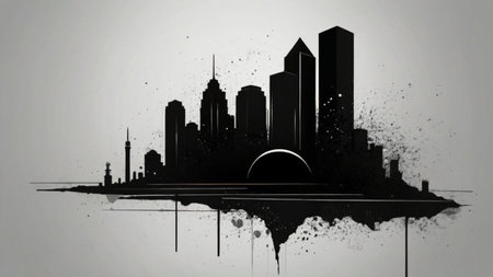 Modern City Skyline Silhouette on Black Grunge Backgroundの素材