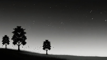 Silhouette of trees in the field with starry sky.の素材