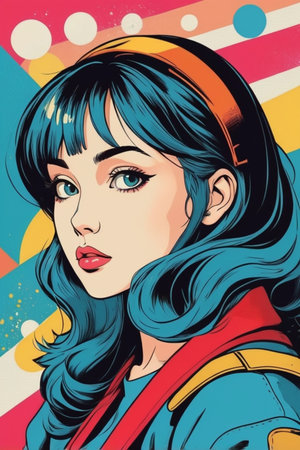 Beautiful girl with headphones listening to music. Pop art illustration.の素材