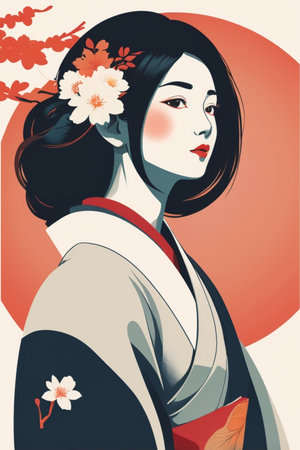 Beautiful geisha with flowers in her hair. Vector illustration.の素材