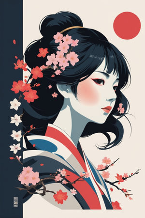 Beautiful japanese girl with sakura flowers. Vector illustration.の素材