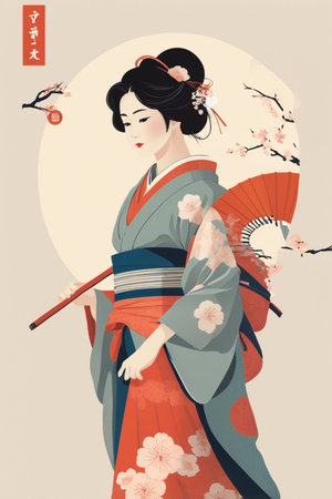 Beautiful Japanese woman in traditional clothes. Vector illustration in retro style.の素材