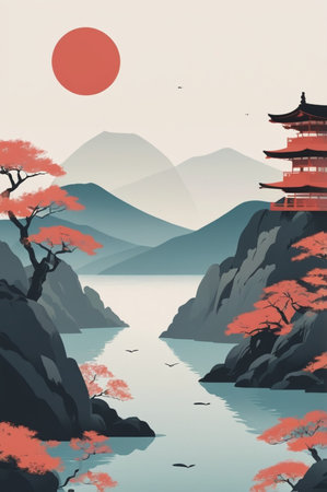 Landscape with japanese pagoda and lake. Vector illustration.の素材