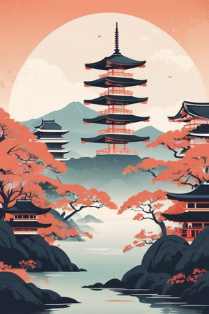 Beautiful japanese pagoda in autumn. Vintage vector illustrationの素材