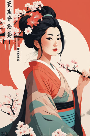 Japanese geisha with sakura blossom. Vector illustration in retro style.の素材