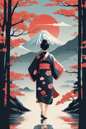Illustration of japanese woman in kimono and Fuji mountainの素材