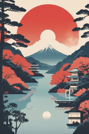Mt. Fuji at sunset, Japan. Vintage style illustration.の素材