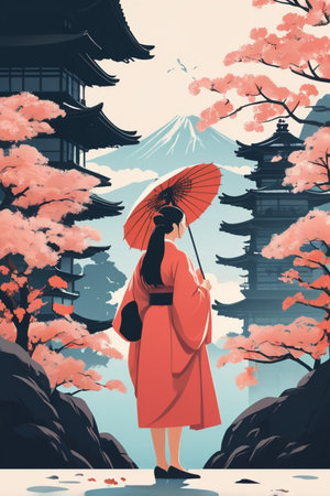 Japanese woman in kimono with umbrella and Fuji mountain. Vector illustrationの素材