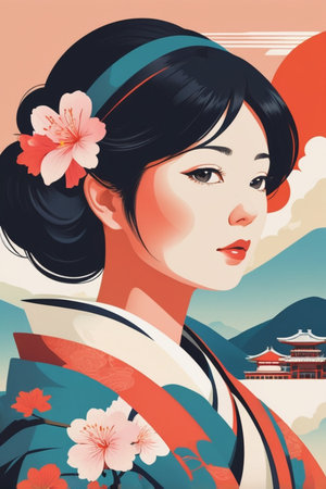 Beautiful asian woman in traditional japanese costume. Vector illustration.の素材
