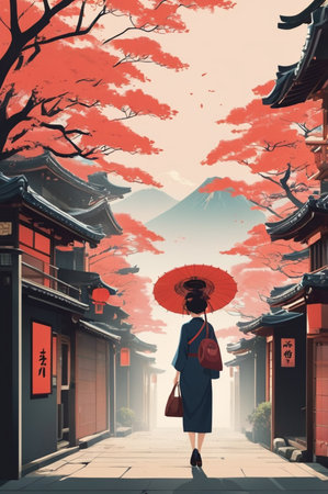 Japanese woman in traditional dress with red umbrella walking on the street.の素材