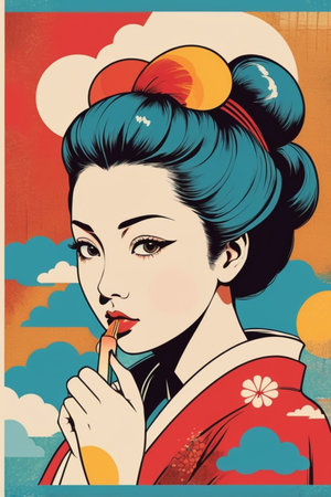 Beautiful geisha in pop art style. Vector illustration. Vintage style.の素材