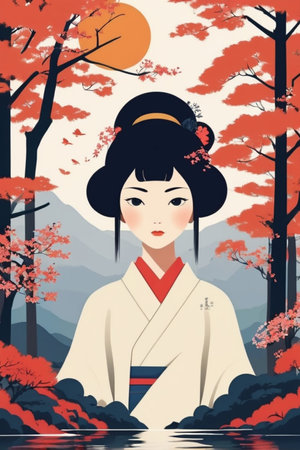 Japanese woman in traditional clothes in the autumn forest, vector illustration.の素材