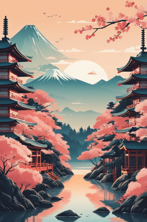 Mount Fuji and pagoda with cherry blossom, Japan. Digital painting.の素材