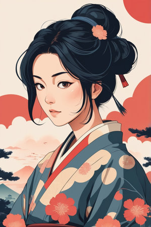 Beautiful japanese girl in kimono. Vector illustration.の素材