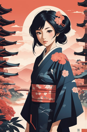 Beautiful japanese girl in traditional costume. Vector illustration.の素材