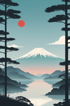 Fuji mountain and pine forest in japanese style. Vector illustration.の素材