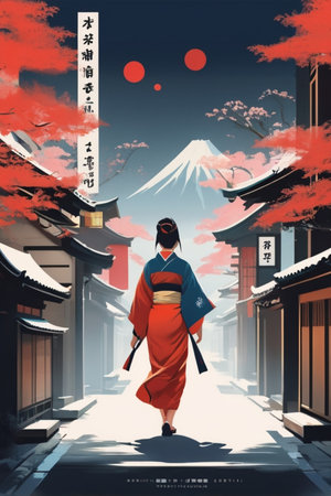 Illustration of a japanese woman wearing a red kimono walking in the streetの素材