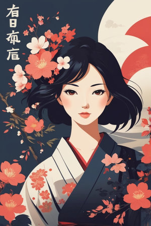 Japanese girl in kimono with sakura flowers. Vector illustration.の素材