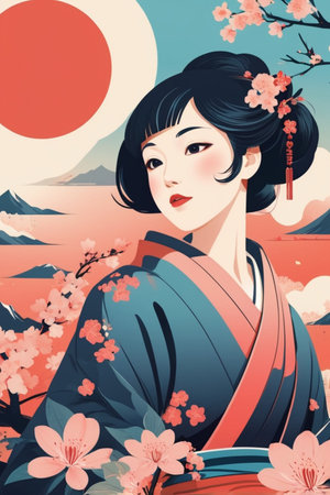 Beautiful japanese girl with sakura flowers. Vector illustration.の素材