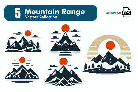 Set of mountain icons. Silhouettes of mountains, sun, clouds, sun and mountains. Vector illustrationのイラスト素材