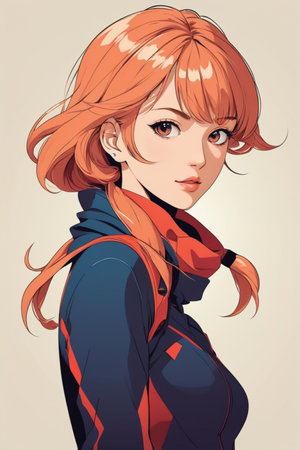 Beautiful girl with red hair in a black coat. Vector illustration.の素材