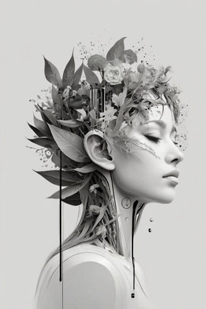 Digital illustration of a female face with flowers in her hair in black and whiteの素材