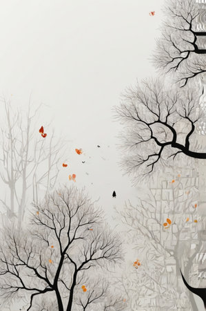 Autumn landscape with trees and foggy sky. Collage.の素材