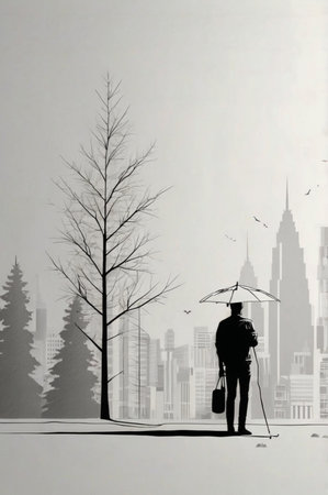 Man with umbrella on the background of the silhouette of a tree.の素材