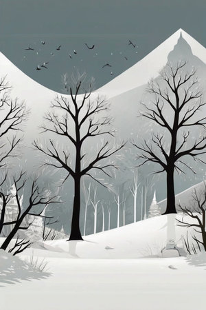 Winter landscape with snow, trees, mountains and birds. Vector illustration.の素材