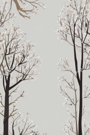 White magnolia tree branches with white flowers on a gray background.の素材