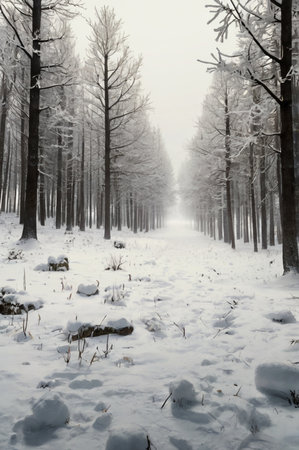 Winter forest with trees covered with hoarfrost and snow on the groundの素材