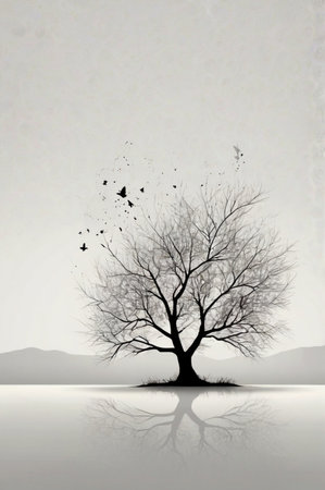 Illustration of a lonely tree with birds flying in the background.の素材