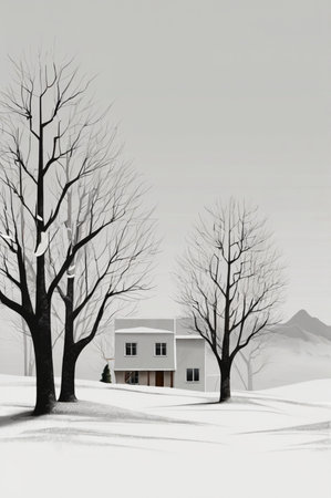 3D rendering of a house in a winter landscape with bare treesの素材