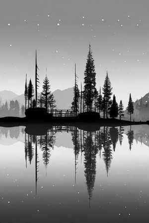 Silhouette of a lake with trees and mountains reflected in itの素材