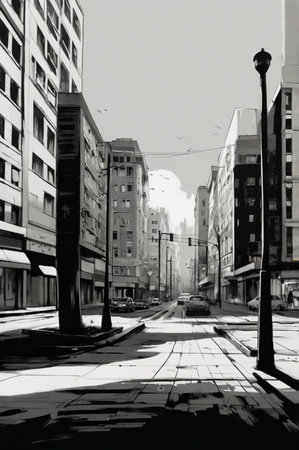 street view of the city, black and white photo, monochromeの素材