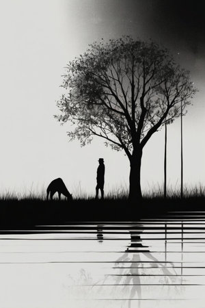 Silhouette of a man and a tree in the water.の素材