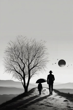 Illustration of a man and a woman walking on the road in the mountainsの素材