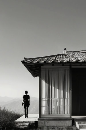 Silhouette of a woman standing in front of a house.の素材