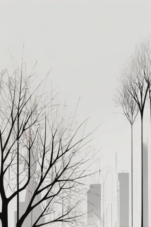 cityscape with tree silhouettes in foggy weather, 3d illustrationの素材